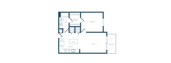 A floor plan of a small apartment with a living room, kitchen, bedroom, and bathroom.