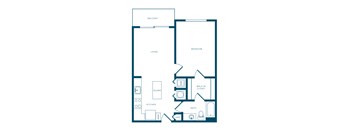 A floor plan of an apartment with a living room, kitchen, bathroom, and bedroom.