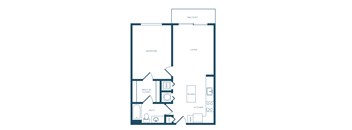 A floor plan of a small apartment with a bedroom, living room, kitchen, bathroom, and walk-in closet.