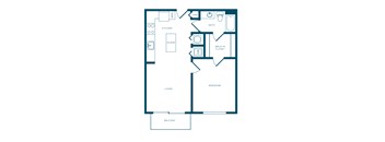 A floor plan of a house with a living room, bedroom, kitchen, and bathroom.