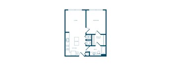 A floor plan of a small apartment with a living room, bedroom, kitchen, bathroom, and walk-in closet.