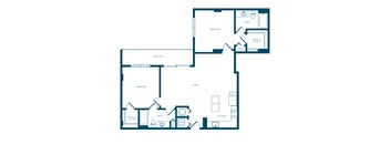 A floor plan of a house with two bedrooms, a living room, a kitchen, a bathroom, a walk-in closet, a balcony, and an island with a pantry.
