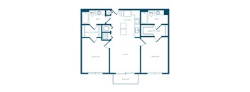 A floor plan of a house with two bedrooms, a living room, a kitchen, a bathroom, a laundry area, a walk-in closet, and an island.