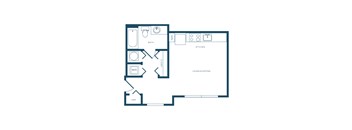 A floor plan of a small apartment with a living room, kitchen, and bathroom.