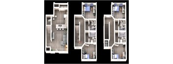 Three different layouts of a room with furniture and decorations.