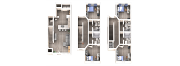 Three different layouts of a room with furniture and appliances.