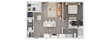 A floor plan of a house showing a living room, kitchen, bedroom, and bathroom.