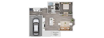 A floor plan of a house with a living room, kitchen, bedrooms and a garage.
