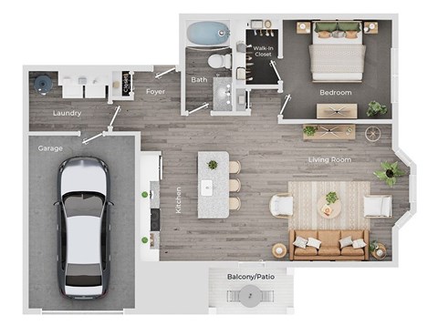 A floor plan of a house with a living room, kitchen, bedrooms and a garage.