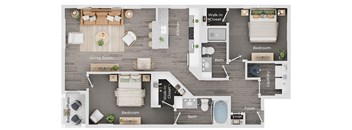 A floor plan of a house showing a living room, kitchen, and two bedrooms.