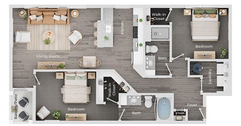 A floor plan of a house showing a living room, kitchen, and two bedrooms.