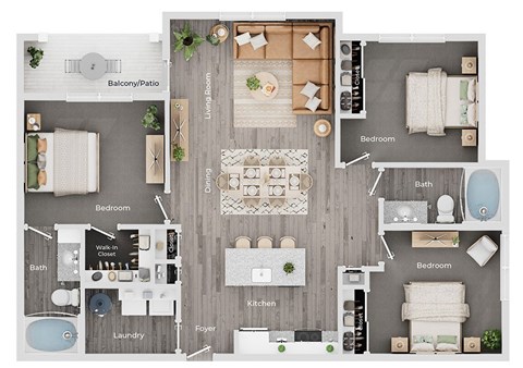 A floor plan of a house showing a living room, dining room, kitchen, and multiple bedrooms.