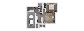 A top-down view of a house layout with a car parked in the driveway.