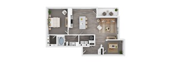 A top-down view of a small apartment with a kitchen, living room, and bathroom.