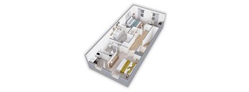 a 3d floor plan showing a bedroom and a living room