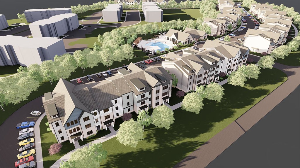 A rendering of a residential complex with a pool and a parking lot.