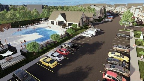 Luxury Apartments in West Oakland Park, TN with In-Unit Washer and Dryer - Vintage Johnson City -  A Swimming Pool Surrounded by Lounge Chairs and Lush Greenery.