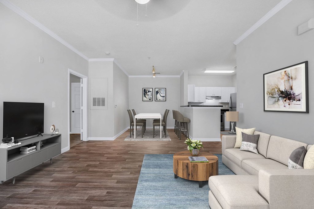 A living room with a television, a sofa, a coffee table, and a dining table.