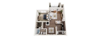 A dollhouse floor plan with rooms including a kitchen, living room, and bathroom.