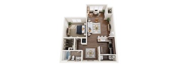A dollhouse with a living room, kitchen, and bathroom.