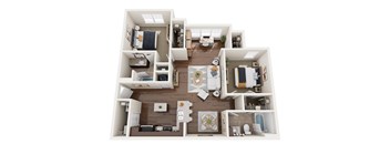 A top-down view of a small apartment layout with a kitchen, living room, and bathroom.