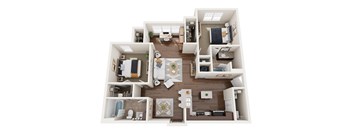 A top-down view of a small apartment layout with a kitchen, living room, and bathroom.