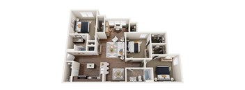 A top-down view of a small apartment layout with a kitchen, living room, and bathroom.