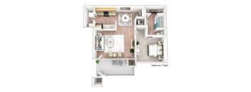 a stylized floor plan with a bedroom and a living room