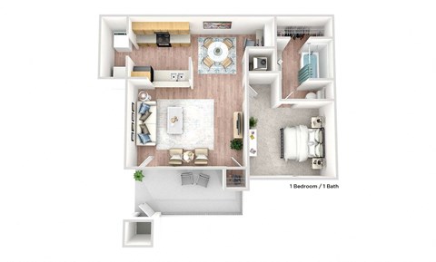 a stylized floor plan with a bedroom and a living room