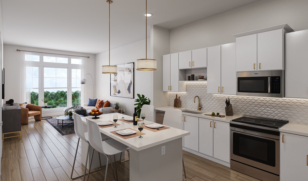 a rendering of a kitchen and living room with a table
