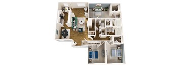 A top down view of a house interior with a living room, dining room, kitchen, and bedrooms.