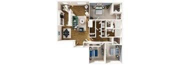 A top-down view of a small apartment with a kitchen, living room, and bathroom.