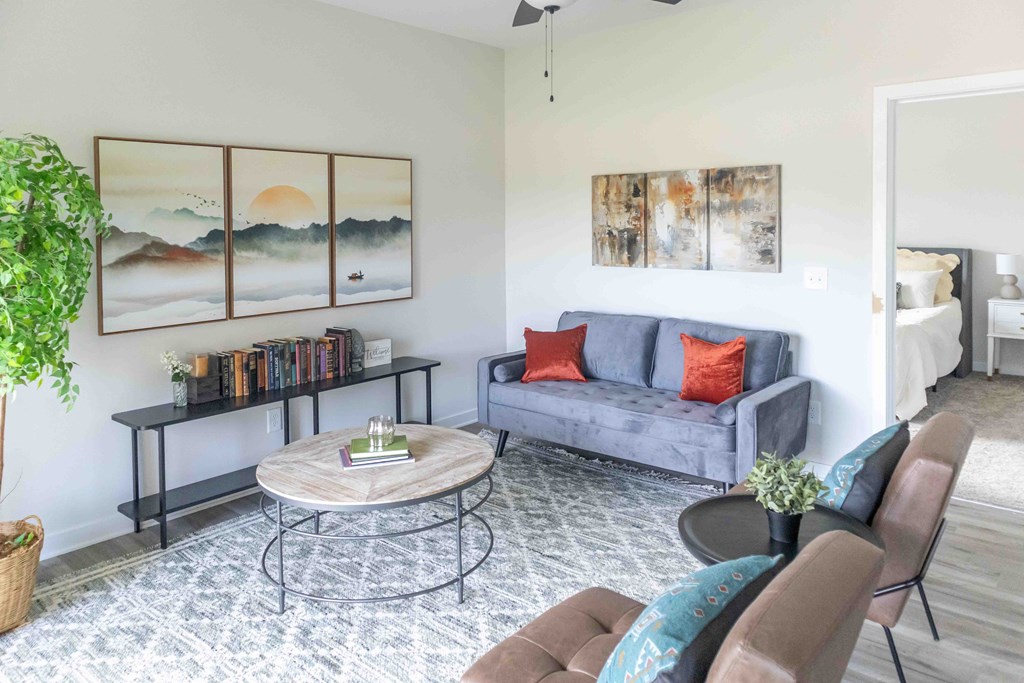 a living room with a couch and a coffee table