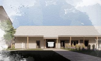 a rendering of a large brick building with a stone roof