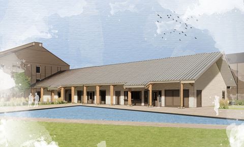 a rendering of a large building with a pool in the foreground