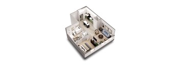 A 3D floor plan of a house with a kitchen, living room, and bedrooms.