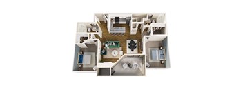A top down view of a small apartment with a kitchen, living room, and bathroom.