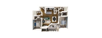 A 3D floor plan of a small apartment with a kitchen, living room, and bathroom.