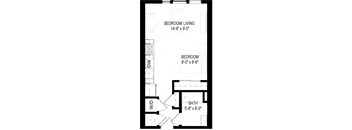 a floor plan of a small room with a bathroom and a desk