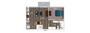 A floor plan of a small apartment with a living room, kitchen, and bathroom.