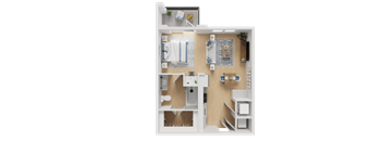 A 3D rendered image of a small apartment layout.