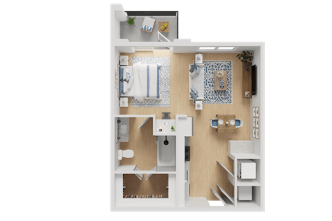 A 3D rendered image of a small apartment layout.
