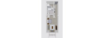 a floor plan of a room with a bed and a bathroom