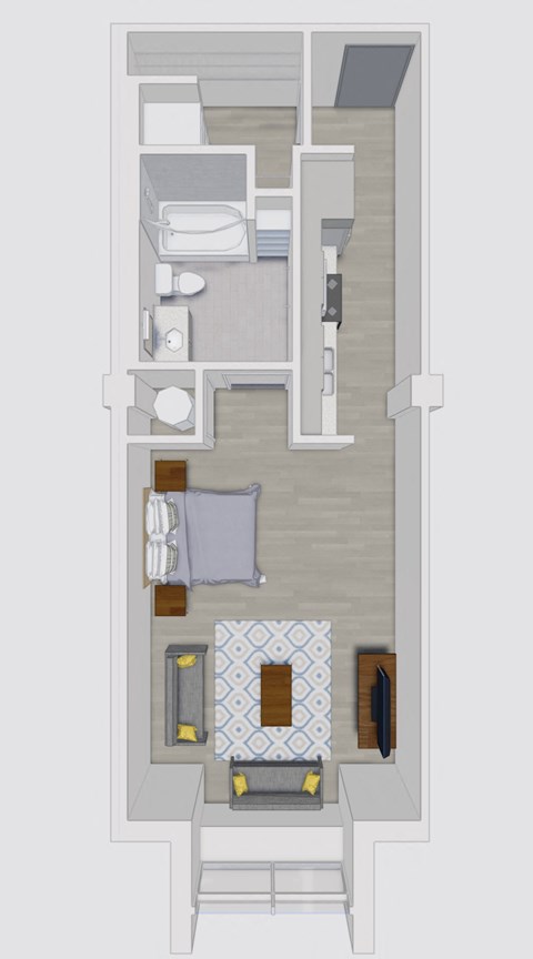 a floor plan of a room with a bed and a bathroom