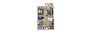 A top-down view of a small apartment with a kitchen, living room, and bathroom.