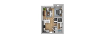 A top-down view of a modern apartment layout with a kitchen, living room, and bathroom.