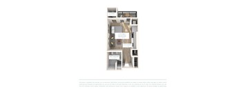 A floor plan of an apartment with a living room, kitchen, and bathroom.