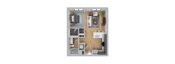 A top down view of a small apartment with a bedroom, living room, kitchen, and bathroom.