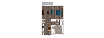 A floor plan of a room with a bed, a couch, a desk, and a chair.