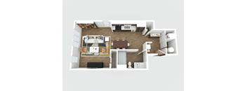 A top-down view of a modern living room with a sofa, coffee table, and television.